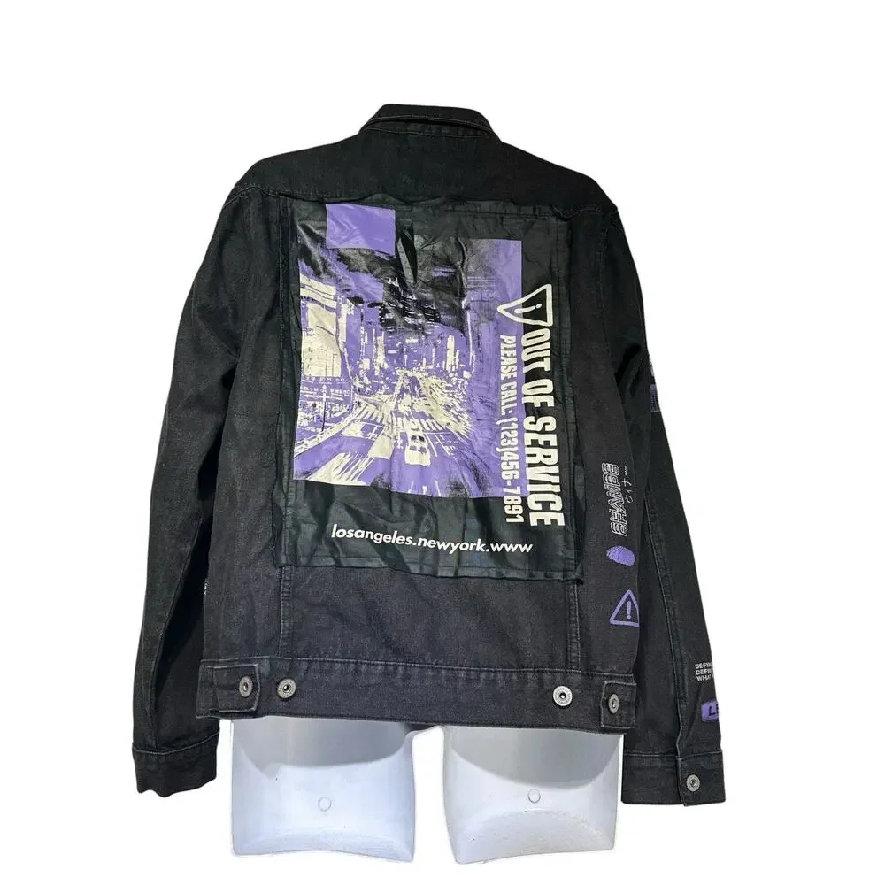 brooklyn cloth denim jacket purple embroidered graphic streetwear Size L